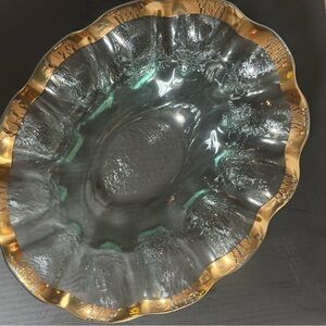 RARE ANNIE GLASS Ruffled Oval Bowl 24k Crackle Gold Trim SIGNED (incised)